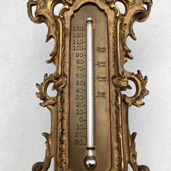Antique Gilt Brass Cherub Desk Wall Thermometer Ornate Victorian - Picture 4 of 9